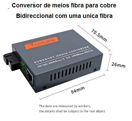 Conversor Ethernet media converter cinza com texto branco e etiqueta laranja netLINK.