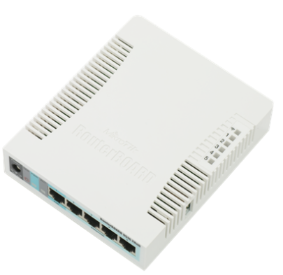 Roteador Mikrotik RouterBOARD branco com portas Ethernet e LEDs indicativos