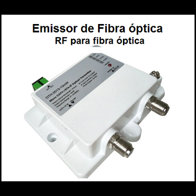 Emissor de Fibra óptica RF para fibra óptica com caixa branca e conexões metálicas