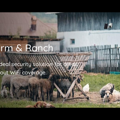 Animais de fazenda junto a comedouro em área cercada, com texto promocional visível