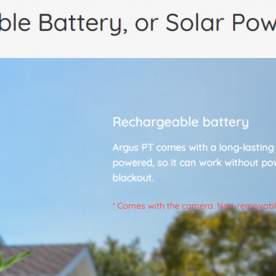 Câmara de segurança branca Reolink montada numa parede cinza com texto sobre bateria recarregável