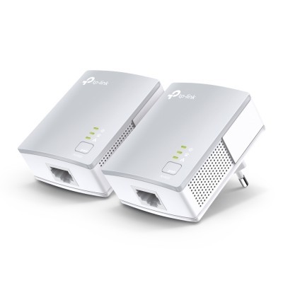 Dois adaptadores de rede TP-Link brancos com luzes indicadoras e porta Ethernet