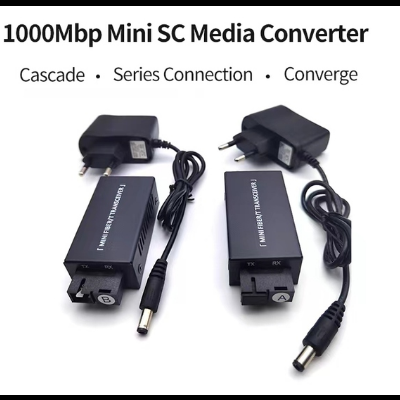 Conjunto de dois conversores de mídia Mini SC 1000Mbp com adaptadores de alimentação
