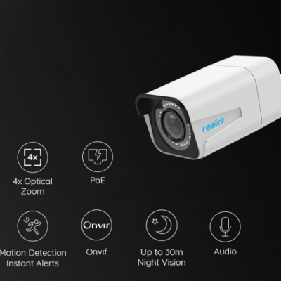 Câmara de segurança branca Reolink modelo RLC-511 com ícones de características