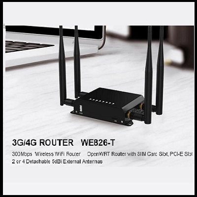 Router 3G/4G preto com quatro antenas destacáveis e texto com especificações