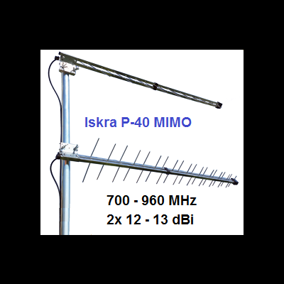 Antena metálica Iskra P-40 MIMO com texto técnico no fundo