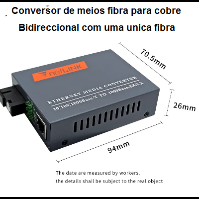 Conversor Ethernet media converter cinza com texto branco e etiqueta laranja netLINK.