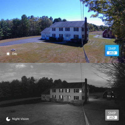 Casa branca de dois andares com garagens, vista diurna e noturna em visão de câmara 5MP HD