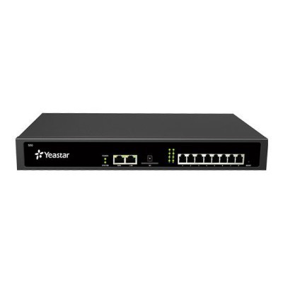 Equipamento de rede preto Yeastar S50 com múltiplas portas Ethernet e indicadores LED