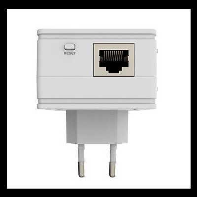 Dispositivo de rede branco com porta Ethernet e botão reset