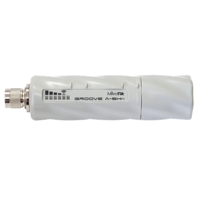 Dispositivo de rede wireless MikroTik branco com conector metálico