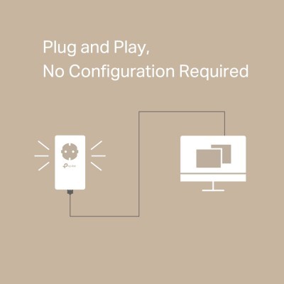 Dispositivo branco Plug and Play ligado a tomada com texto explicativo