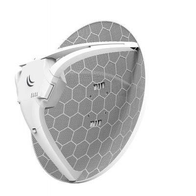 Antena parabólica branca com padrão hexagonal cinza