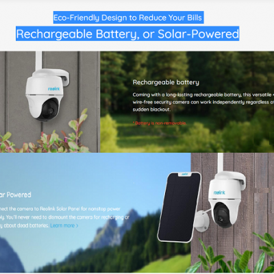 Câmaras de segurança brancas Realink com bateria recarregável e opção de energia solar, em ambiente exterior próximo de vegetação e paisagem montanhosa