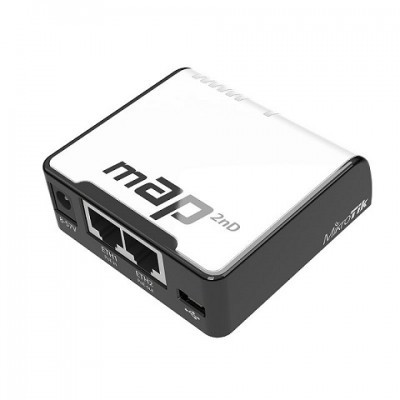 Dispositivo compacto branco e preto com portas Ethernet, USB e texto 'map 2nD' e 'MikroTik'