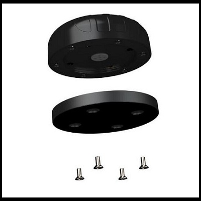 Suporte redondo preto desmontado com quatro parafusos