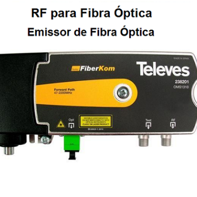 Dispositivo emissor de fibra ótica Televes preto com detalhes amarelos e cinzentos