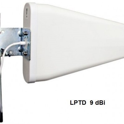 Antena direcional branca com suporte metálico e texto LPTD 9 dBI no fundo