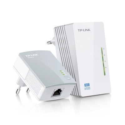 Kit TP-LINK WiFi AV500 branco com LEDs verdes e entrada ethernet