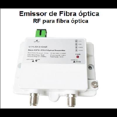 Emissor de fibra ótica RF branco com conectores metálicos e etiqueta com texto