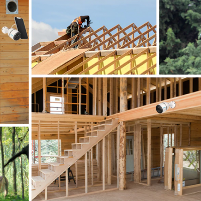 Colagem de imagens mostrando casa de madeira, cavalo em estábulo, trabalho em estrutura de madeira, alimentador de pássaros, veado e interiores em construção com camera