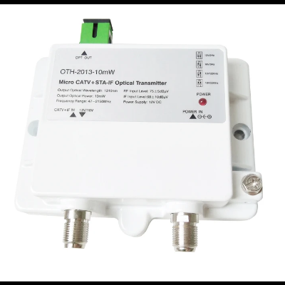 Transmissor ótimo Micro CATV + STA-IF OTH-2013-10mW branco com LEDs e etiquetas técnicas