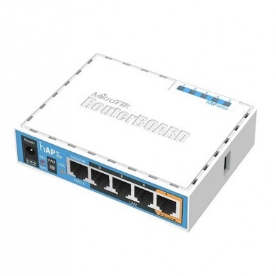 Router Mikrotik RouterBOARD branco com portos Ethernet e etiquetas coloridas