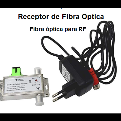 Receptor de fibra óptica metálico com adaptador de energia preto e cabo.