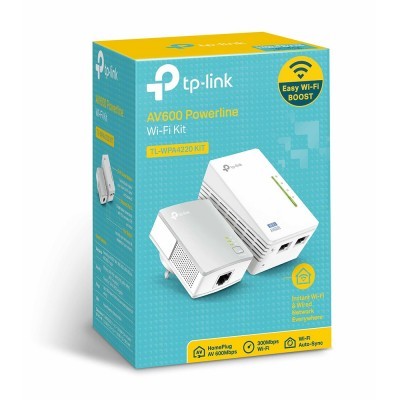 Caixa azul e amarela com kit TP-Link AV600 Powerline Wi-Fi, dois adaptadores brancos, texto e ícones explicativos