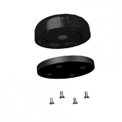 Dispositivo preto circular desmontado em três partes com quatro parafusos