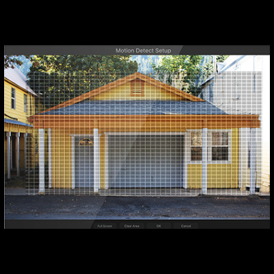 Casa amarela com porta branca e telhado cinza com grelha e texto Motion Detect Setup