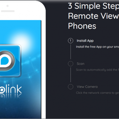 Smartphone branco com ecrã mostrando logotipo Reolink e instruções para visualização remota