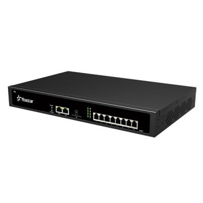 Equipamento de rede preto Yeastar com portas Ethernet e LEDs