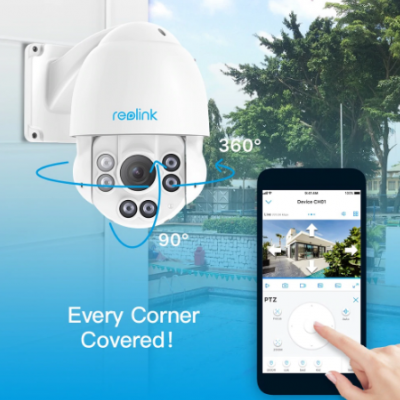 Câmara de vigilância branca reolink com telemóvel a mostrar aplicação da câmara