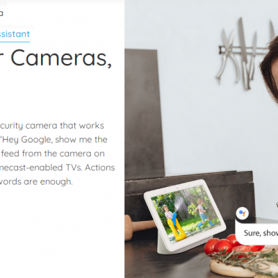 Mulher usando Google Nest Hub para controle de câmeras com vegetais sobre a mesa