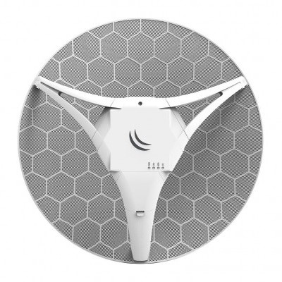 Placa de rede Wi-Fi circular com padrão hexagonal e componentes eletrónicos visíveis