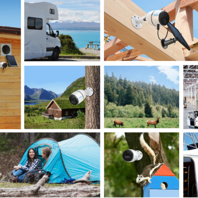 Câmeras de segurança instaladas em vários locais exteriores como estábulo, parque de campismo, floresta, armazém e barco.