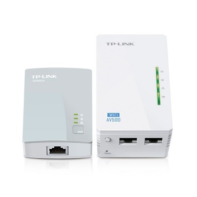 Dispositivos de rede TP-LINK brancos com portas Ethernet e luzes LED