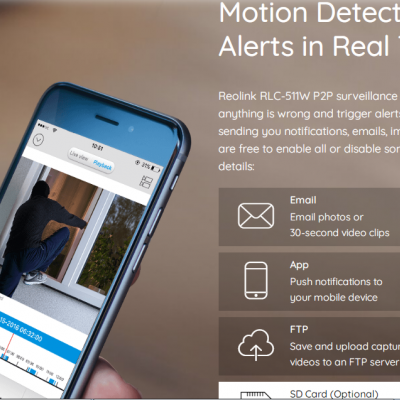 Telemóvel com app Reolink aberto e texto sobre deteção de movimento e alertas em tempo real
