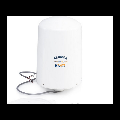 Antena branca cilíndrica com texto GLOMEX VHF/Boat 4G LTE EVO e cabo cinzento