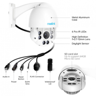 Câmara de segurança branca Reolink com várias ligações e funcionalidades