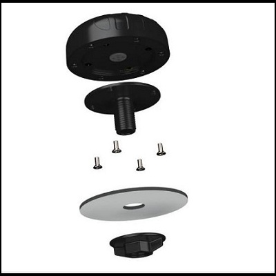 Suporte desmontado com várias peças, parafusos e disco cinzento.