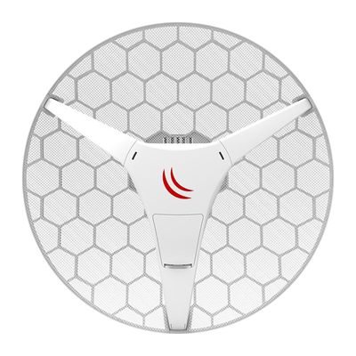 Antena parabólica de rede branca com suporte central e símbolo vermelho