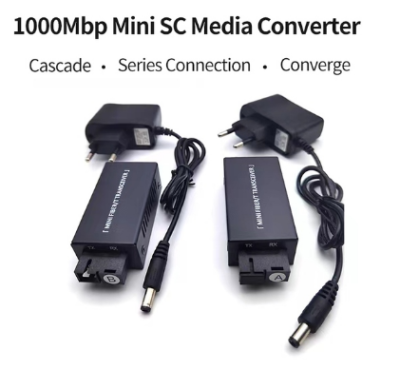 Conjunto de dois conversores de mídia Mini SC 1000Mbp com adaptadores de alimentação