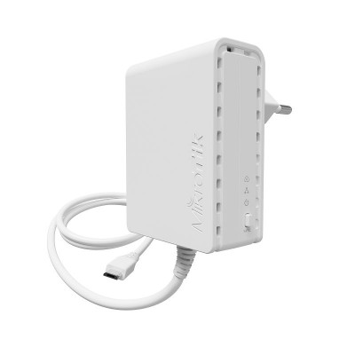 Adaptador de corrente branco MikroTik com ficha e cabo