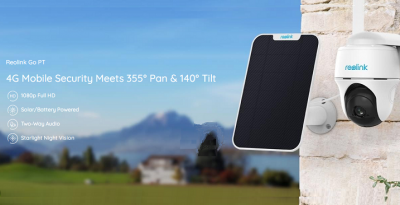 Câmara de segurança Reolink Go PT com painel solar e texto promocional