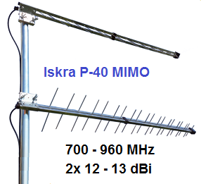 Antena metálica Iskra P-40 MIMO com texto técnico no fundo