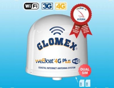 Antena branca GLOMEX weBoat 4G Plus com símbolos WiFi, 3G, 4G e selo DAME 2018