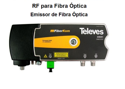 Dispositivo emissor de fibra ótica Televes preto com detalhes amarelos e cinzentos