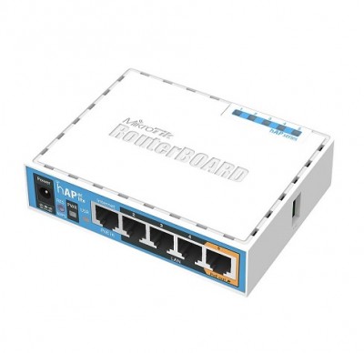 Router Mikrotik RouterBOARD branco com portos Ethernet e etiquetas coloridas